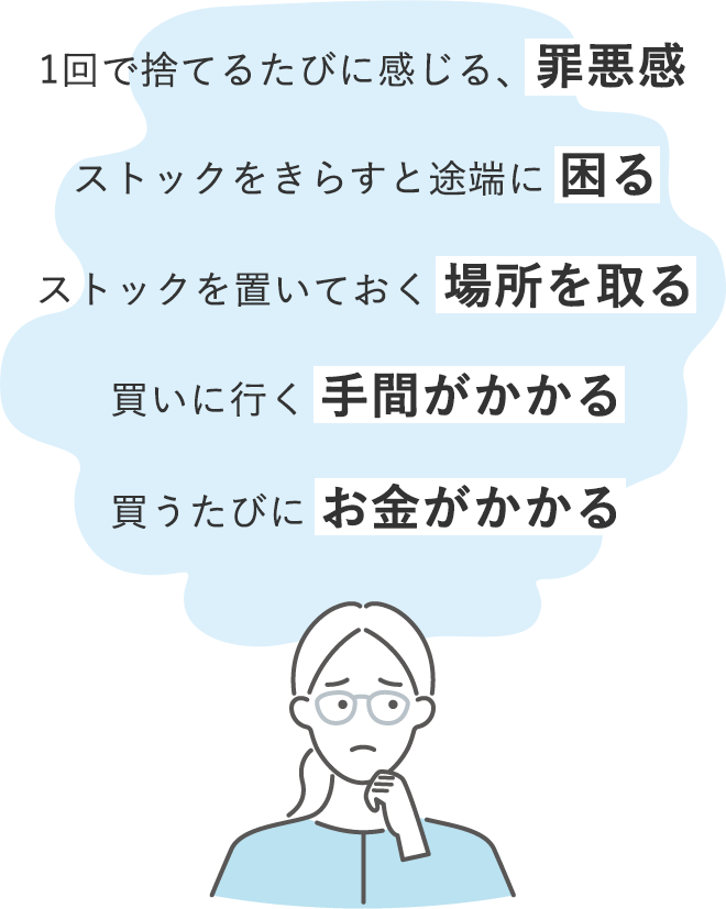 *1回で捨てるたびに感じる、罪悪感
		*ストックをきらすと途端に困る
		*ストックを置いておく場所を取る
		*買いに行く手間がかかる
		*買うたびにお金がかかる