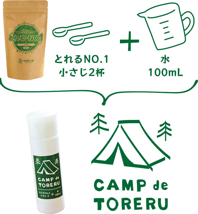 粉末とれる小さじ2杯と水100mLを合わせたものが、CAMP de TORERU（キャンプdeとれる）