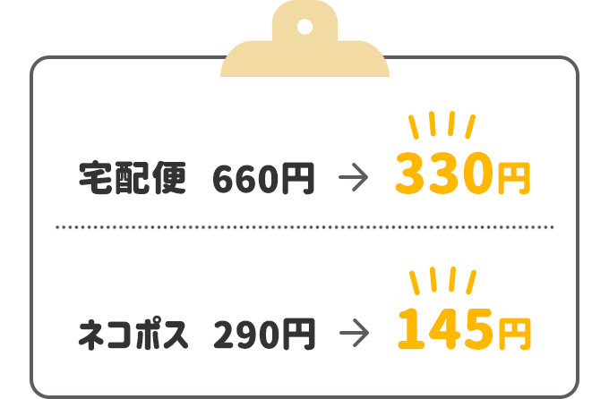 宅配便　　660円　⇒　330円
        ネコポス　290円　⇒　145円