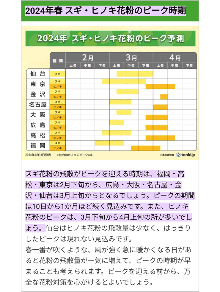 日本各地の花粉ピーク情報