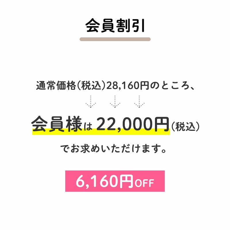 6,160円OFF
		通常価格(税込)28,160円のところ、会員様は22,000円でお求めいただけます。（6,160円相当）
		すでに会員登録がお済の方はログインして、まだの方は新規会員登録をしてご利用くださいませ。