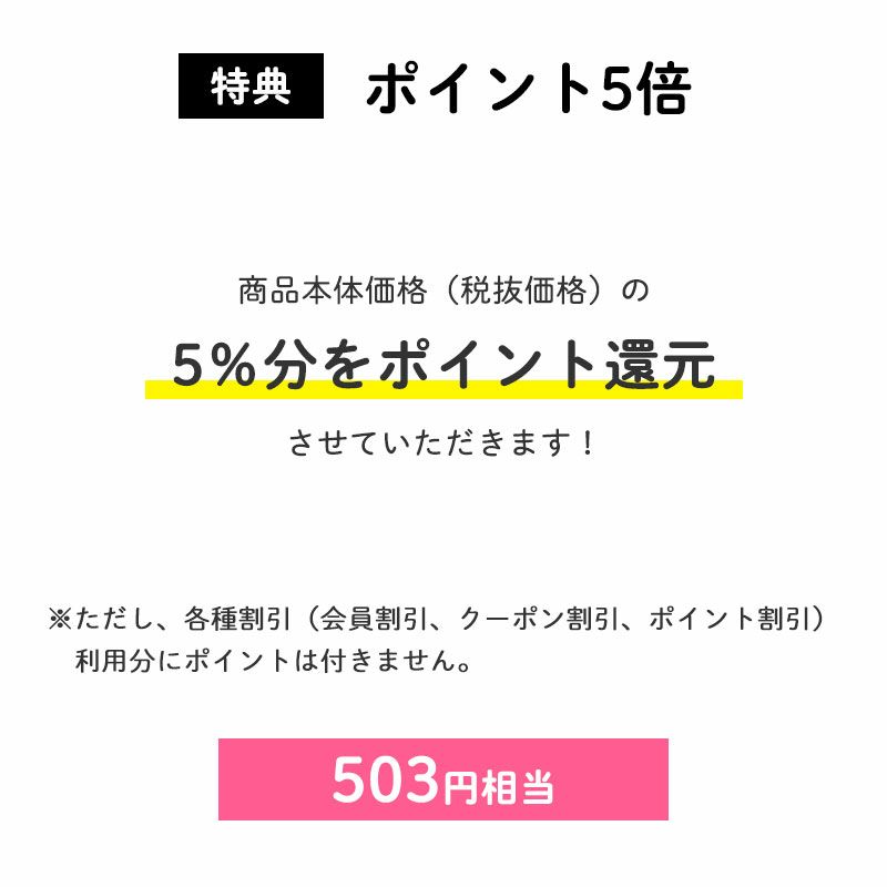 ポイントアップ ポイント5倍
商品本体価格(税抜価格)の5%分をポイント還元させていただきます!(503円相当※)