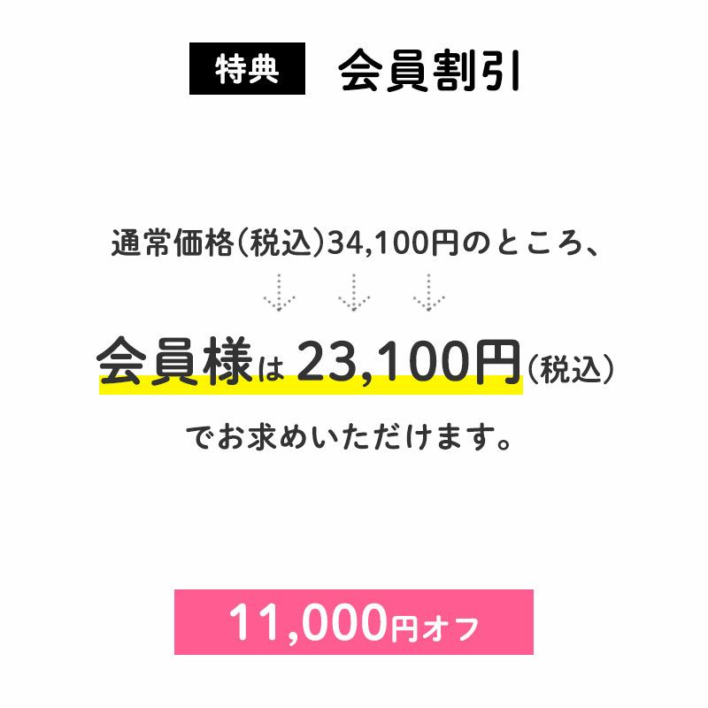 <会員割引>
11,000円OFF
通常価格(税込)34,100円のところ、会員様は23,100円でお求めいただけます。(11,000円相当)