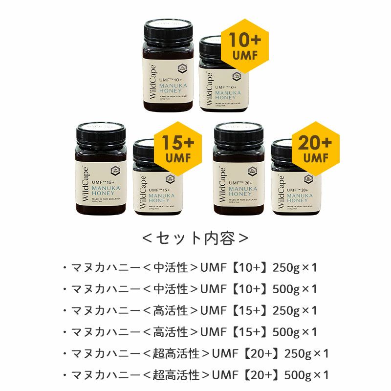 ＜セット内容＞
		・マヌカハニー＜中活性＞UMF【10+】250g×1
		・マヌカハニー＜中活性＞UMF【10+】500g×1
		・マヌカハニー＜高活性＞UMF【15+】250g×1
		・マヌカハニー＜高活性＞UMF【15+】500g×1
		・マヌカハニー＜超高活性＞UMF【20+】250g×1
		・マヌカハニー＜超高活性＞UMF【20+】500g×1